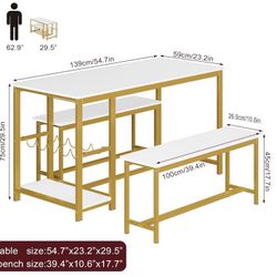 55 inch Kitchen Dining Table Set with 2 Benches, Storage Shelf, Wine Glass Rack