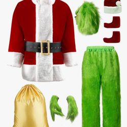 Green Christmas Costume for Men Halloween Costumes Adult Santa Costume with Mask 8PCS Deluxe Funny Cosplay Outfit