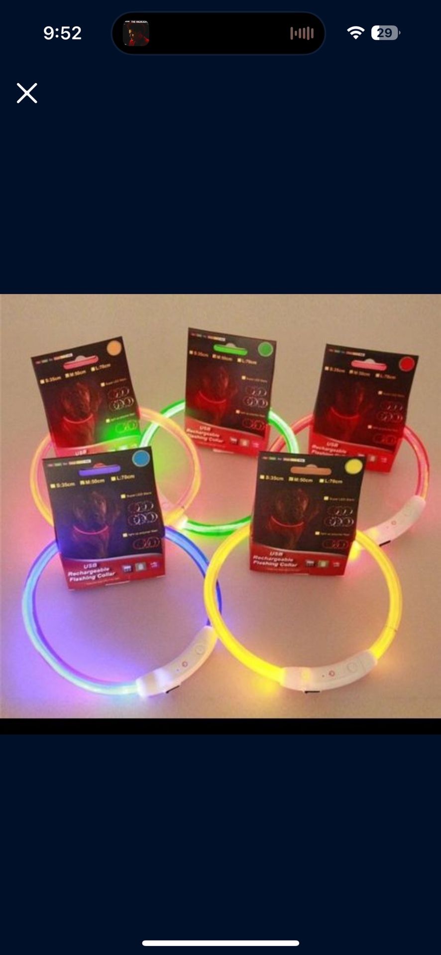 Rechargeable LED dog collar. Size is adjustable. Charges with USB cable which is included.