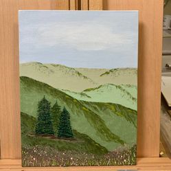 Mountains Trees and Wildflowers Original Signed Artwork, 9 x 12 Acrylic Painting