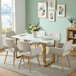 Homy Casa Slip 7PC Dining Set 55” White Marble Finish Table with Gold Base and 6 Mayfair Fabric Chairs in Beige