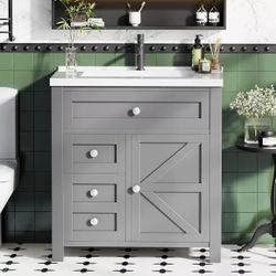 ❤️‍🔥 30'' Bathroom Vanity with Sink Combo, Bathroom Storage Cabinet with Sink, Drawers & Metal Handles, Freestanding (Grey)$150