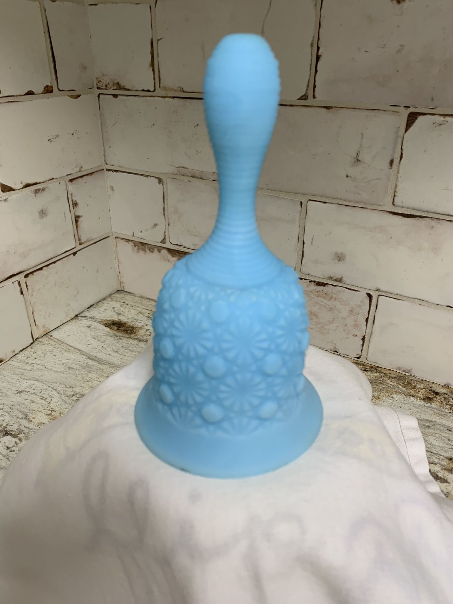 Fenton Bell Glass Blue Satin Daisy & Button Bell 5 3/4” tall no damage