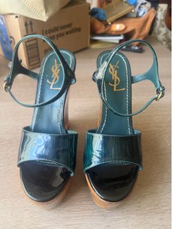 Saint Laurent Two Tone Patent Leather Wedge Ankle Strap Platform Sandals Size 36