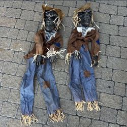 Pair Of 4 Ft Hanging Scarecrows Laughs Crow Sounds Red Eyes Halloween Decoration