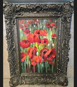 Large Ornate Antique Bronze & Large Gold Decorative Frame w/ Original Oil
