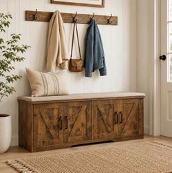 43-Inch Large-Capacity Shoe-Changing Bench, Storage Ottoman, And Long Bench with Four Barn Doors, Designed for Heavy-Duty Storage. Suitable for Entryw