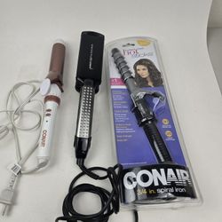Set Of 3 Conair Curling Iron / 2" Flat Curling Iron / 3/4 Spiral Curling Iron