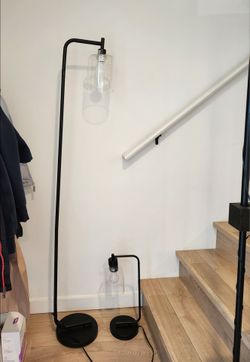2 Lamps: Franklin Black Metal Curved Task Lamp with Glass Shade - Table and Floor Lamps