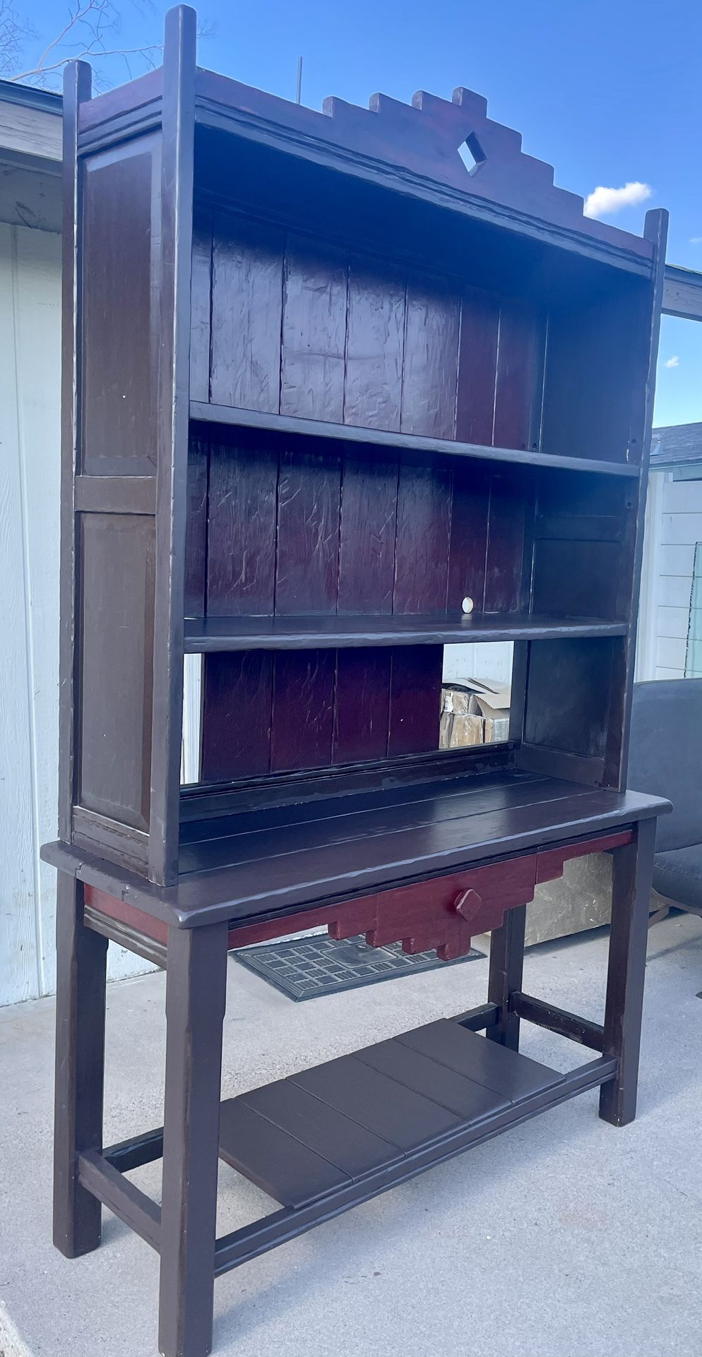Gorgeous Large 92” Vintage Rustic Santa Fe Two Piece Mexican Hutch Bookcase Display