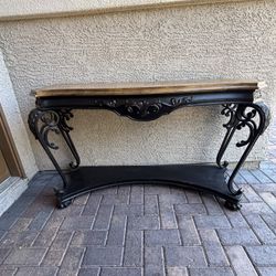 Ashley Norcastle Ornate Console Table - Wood & Metal Scroll Sofa Table - Half Moon Table