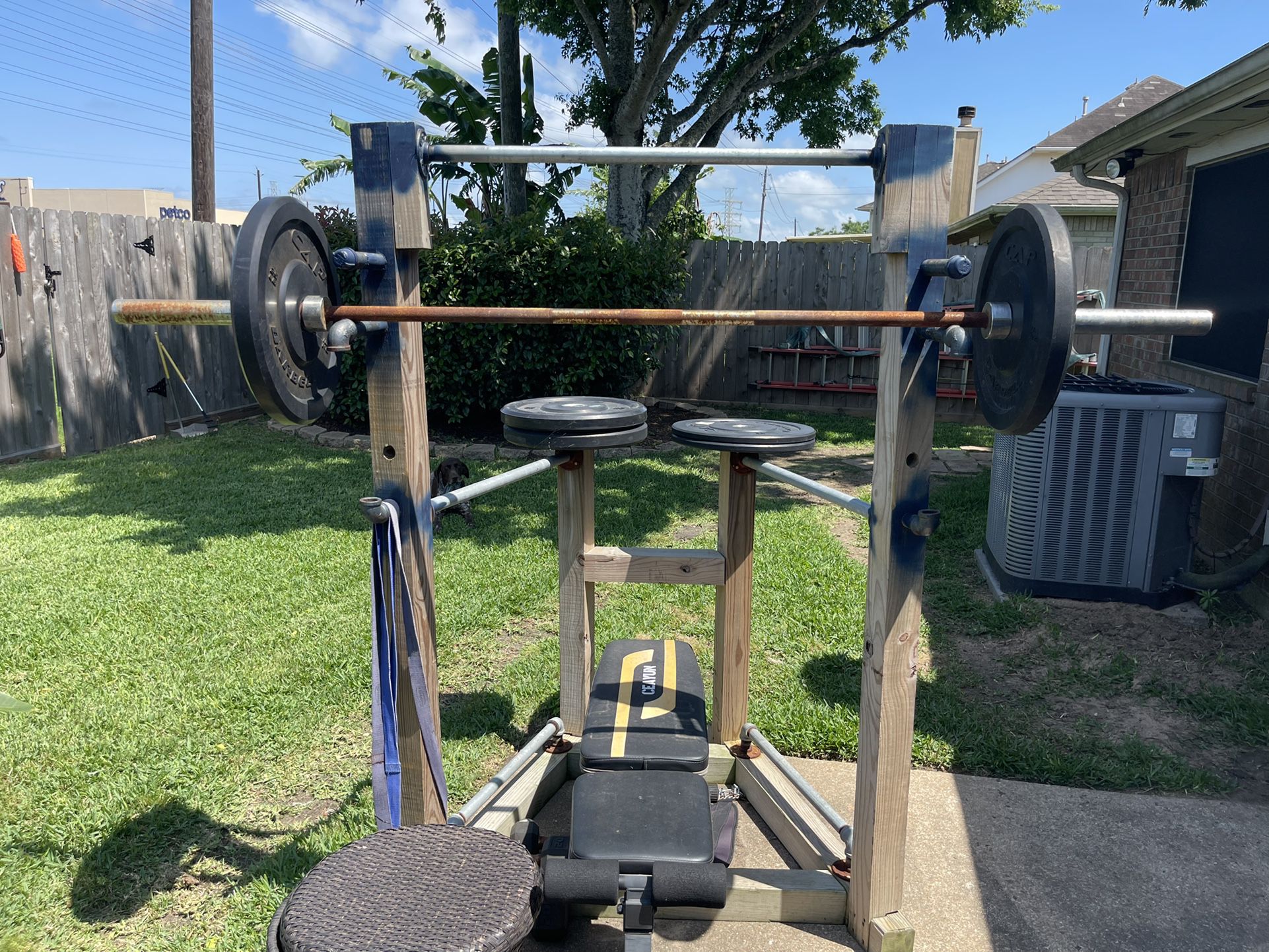 Work Out Frame. HomeMade. Bar & Weights (Rubber) & Press Bench 
