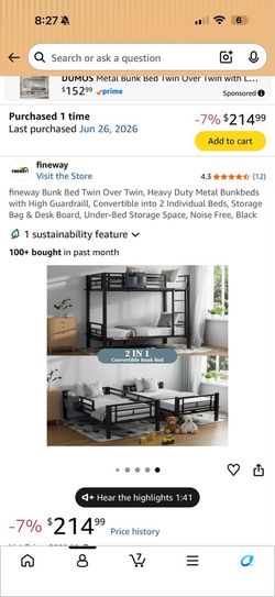 fineway Bunk Bed Twin Over Twin, Heavy Duty Metal Bunkbeds with High Guardraill, Convertible into 2 Individual Beds, Storage Bag & Desk Board, Under-B