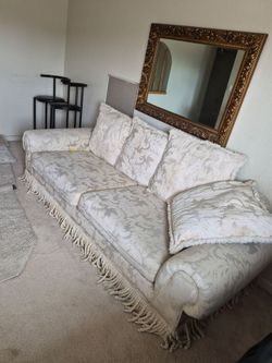 Cream Damask Sofa with Fringe Trim