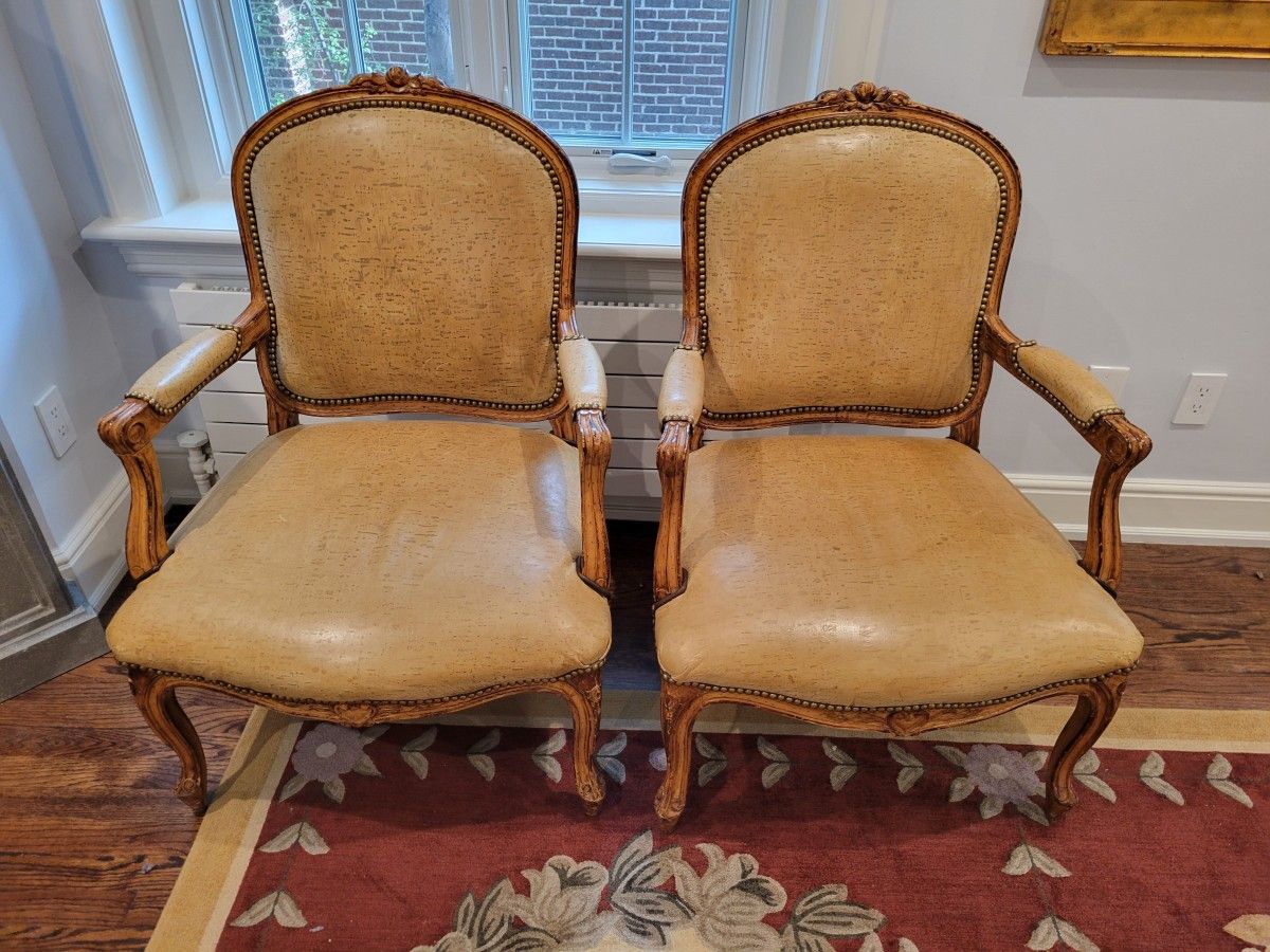 Pair of Exotic Tanned Leather and Ostrich Finish Wood French Provincial Arm Chairs, BRad Accents, Ochre Colored Cushions MUST SEE