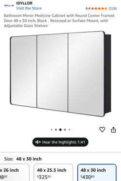 NEW: IDYLLOR 48" x 30" Bathroom Medicine Cabinet - Black, Round Corner