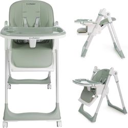 3-in-1 Foldable High Chair for Babies & Toddlers – Adjustable Height, Reclining Seat, 5-Point Safety Harness, Removable Tray, Lockable Wheels, Washabl
