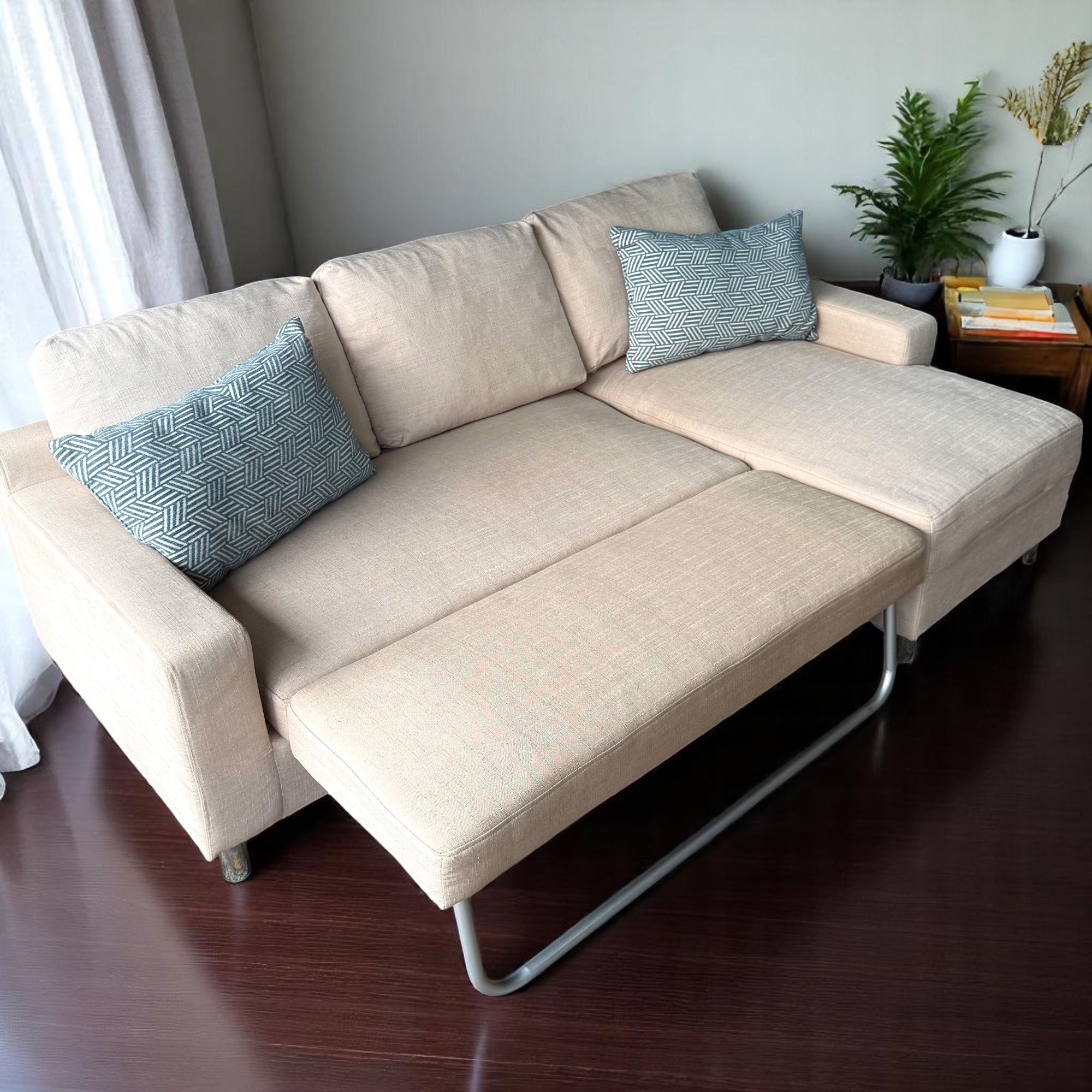 Modern Beige L-Shape Sectional Sofa with Sleeper Pullout & Chaise