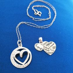 ❤ Designer LA 925 Silver CZ Diamond Heart "Sisters Always" Necklace +  Forever Pendant Charm