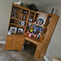 Oak Corner Desk with Hutch and Shelving
