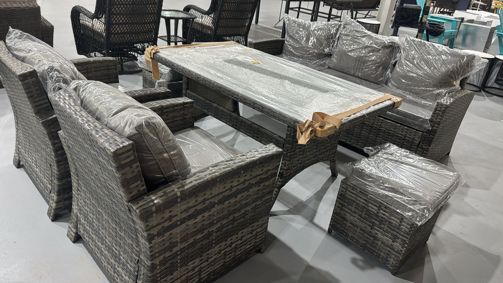 New 6 Piece Outdoor Patio Furniture Set, Outdoor Sofa with Dining Table & Chair, All Weather Dining Set with Ottoman, Gray Wicker and Gray Cushions, $