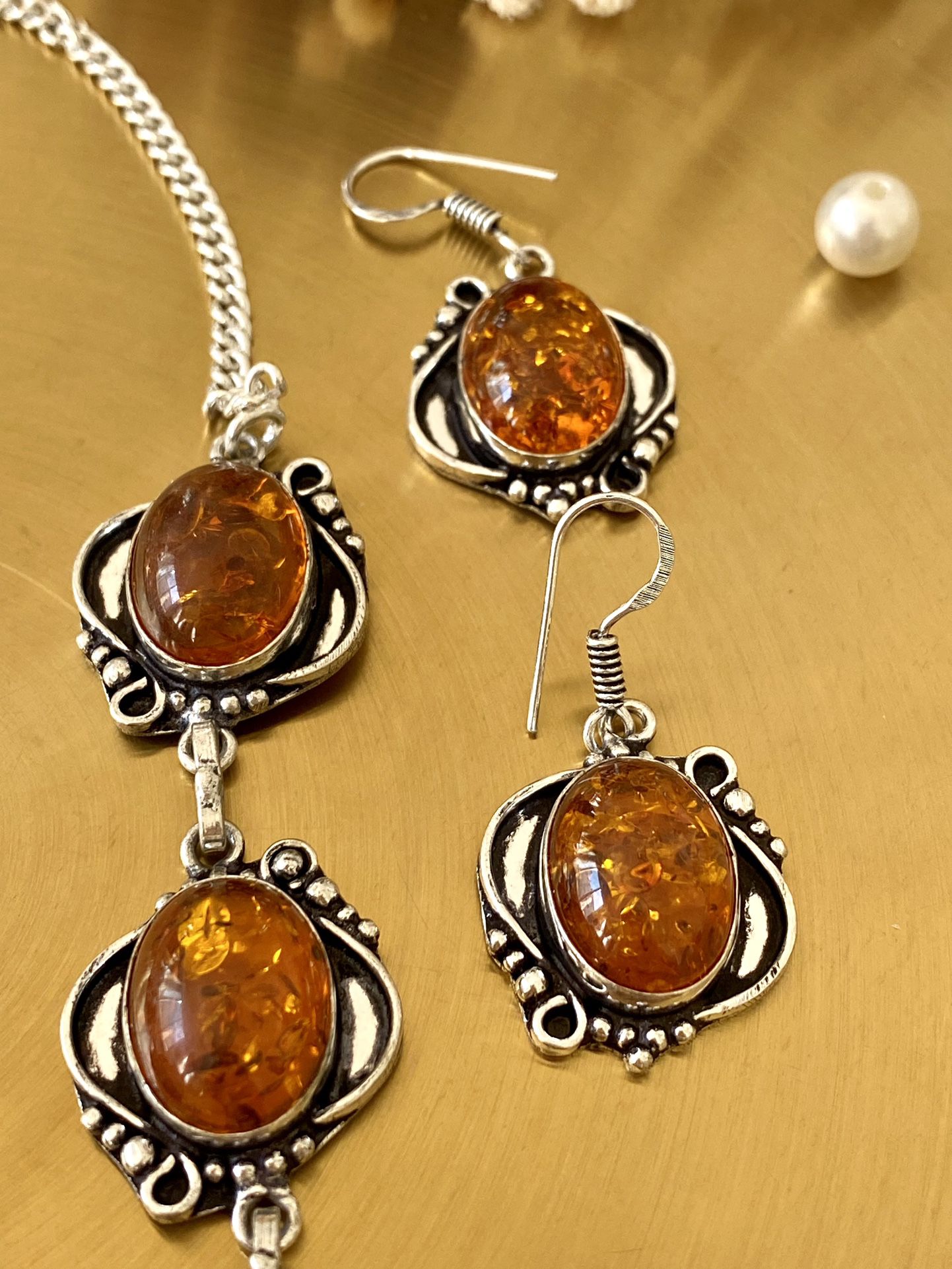 Baltic Amber 925 Sterling Silver Overlay Neckace And Earring Set