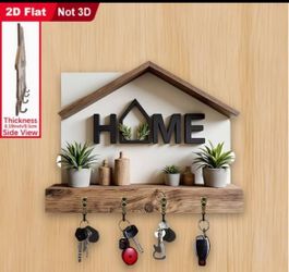 1pc 2D Flat HOME Themed Key Holder Hook, Wooden Multi-Function Key Rack With 4 Metal Hooks, Wall Decor, Entryway, Room, Kitchen, Villa, Seasonal Home 
