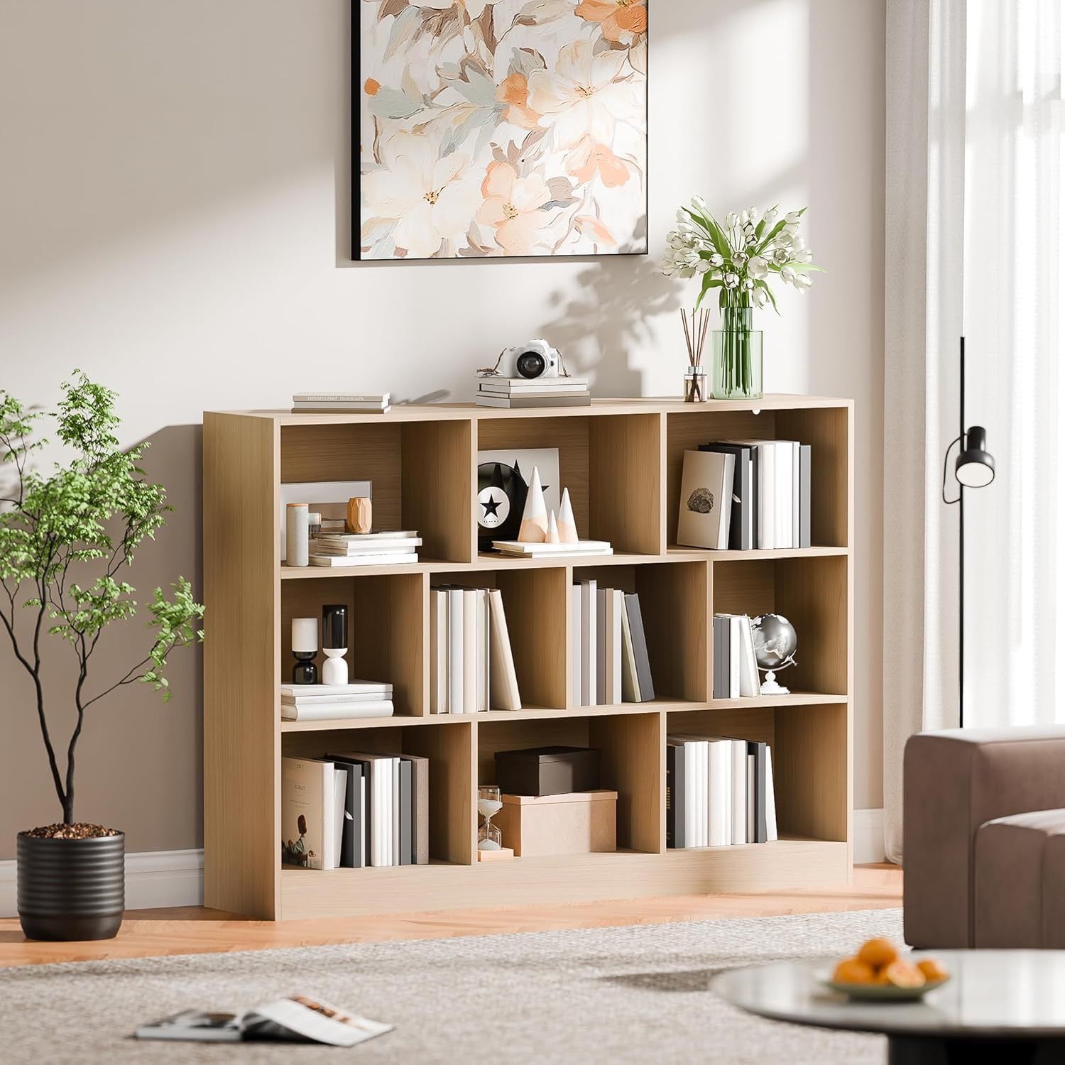 Oak Bookshelf, 3-Tier Open Shelf Bookcase, 10 Cube Storage Organizer with Anti-Tilt Device, Freestanding Horizontal Bookshelf Cube Shelf for Bedroom,