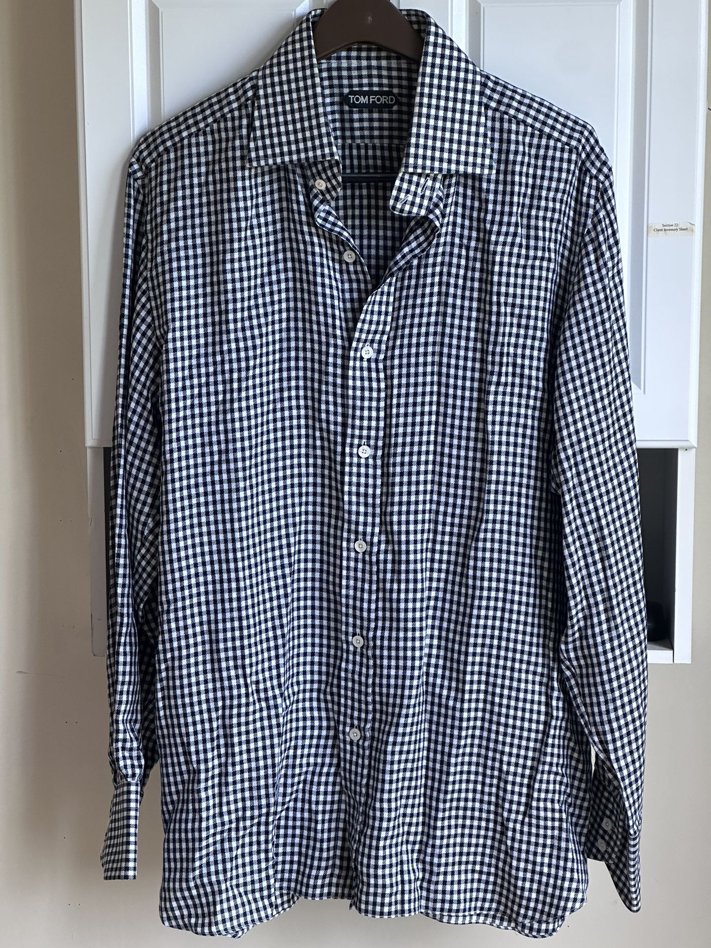 Tom Ford Plaid Print White and Blue Check Men’s Long Sleeve Dress Shirt Size 17/43