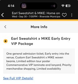 2 tickets Earl Sweatshirt x MIKE Early Entry VIP Package