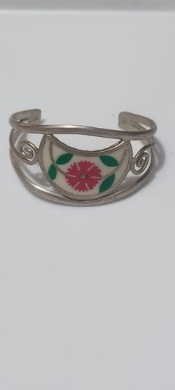 vintage silver Alpaca Mexico cuff bracelet floral enamal design open wire work bracelet cuff