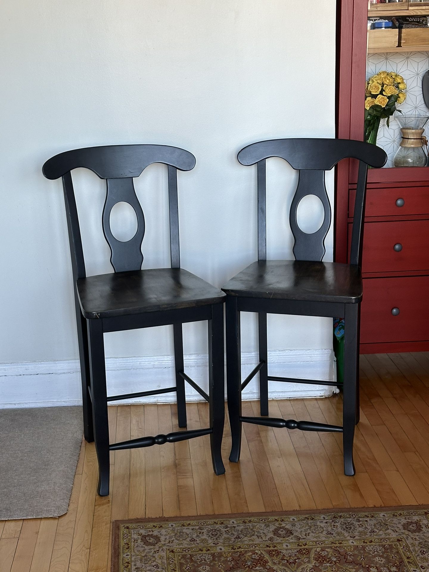 Two Counter Height Wooden Black Bar Stools, Farmhouse