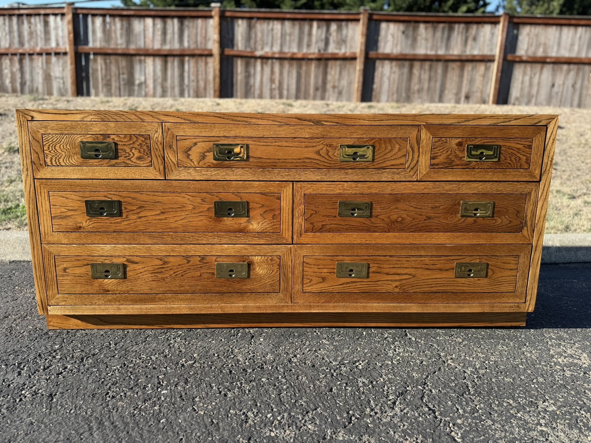 Henredon Campaign Style 7 Drawers Compact 64" Long Dresser Credenza Brass