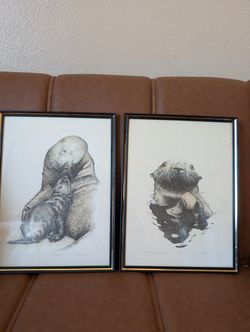 2 Signed And Numbered Prints Sea life Otter Sea Lions Mid Century