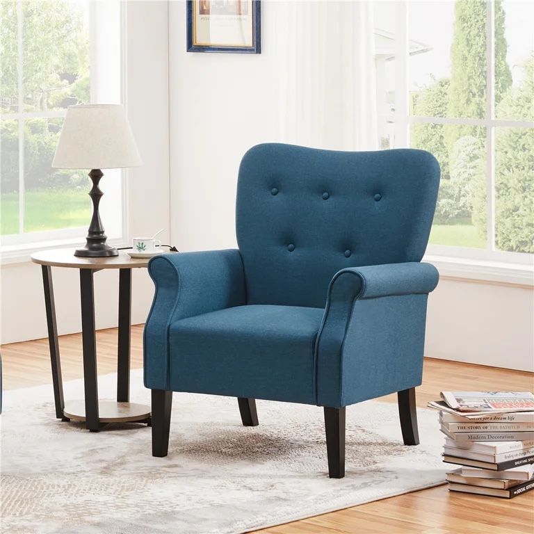 Modern Armchair, Mid-Century Accent Chair with Sturdy Wood Legs and High Back for Small Spaces, Fabric Upholstered Sofa for Living Room, Bedroom,