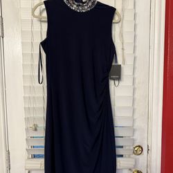 NWT MARINA SLEEVELESS BRADED MOCK NECK NAVY BLUE DRESS SIZE 6 NEW