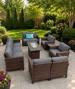 7pc brown large patio furniture set with Firepit