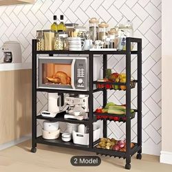New! Movable Storage Rack, Adjustable 4-storey Kitchen Shelf with 3 Wire Baskets, Kitchen Organizer And Storage, Metal Shelf Rack with Wheels, Suitabl