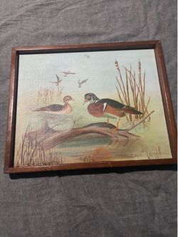 Brown Wood Landscape Picture Frame w/ Duck Painting, Signed