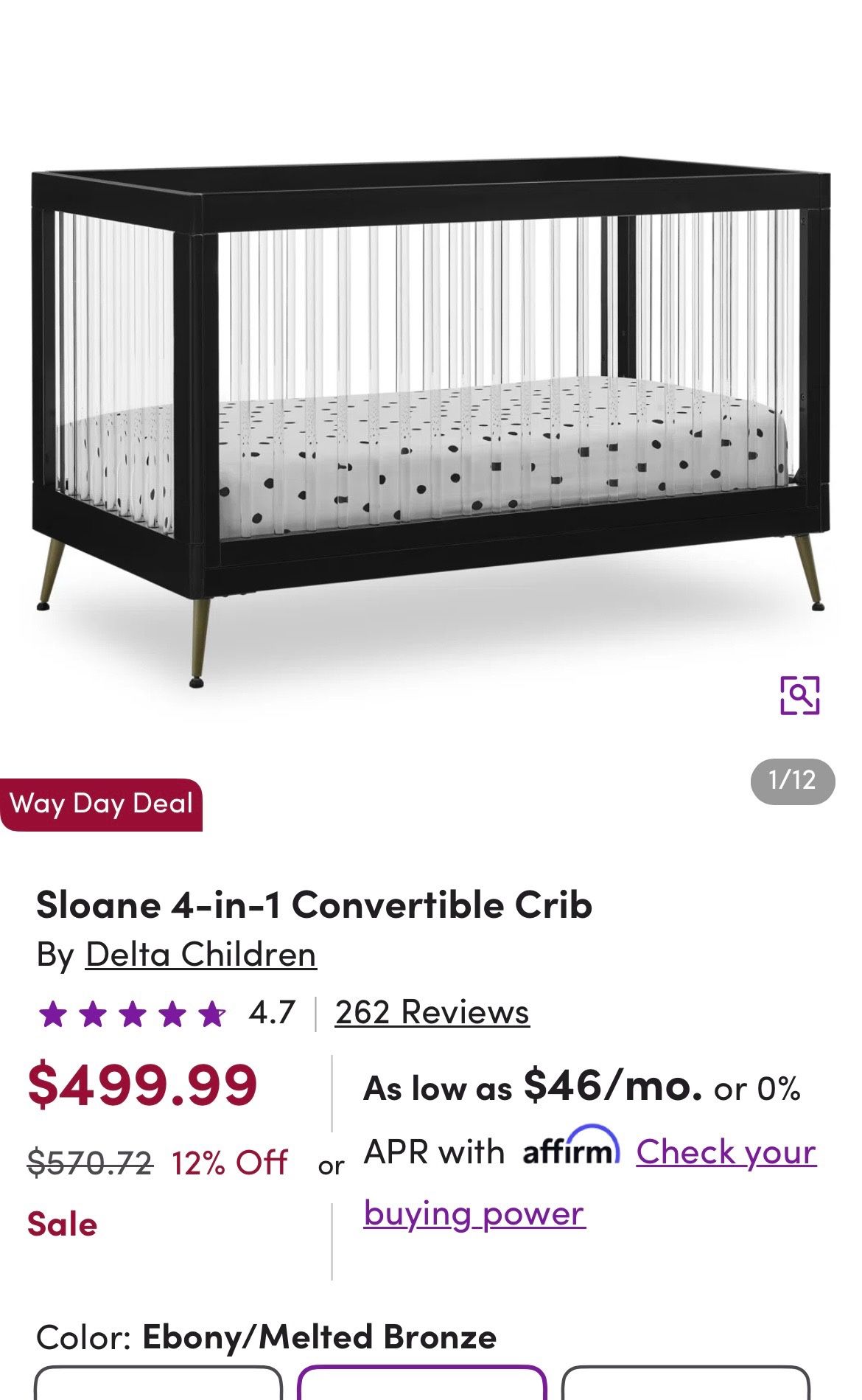 Delta Children's Sloane 4-in-1 Acrylic Convertible crib with mattress.