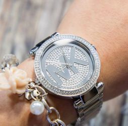 Michael Kors Silver Crystal Pave MK Logo Watch
