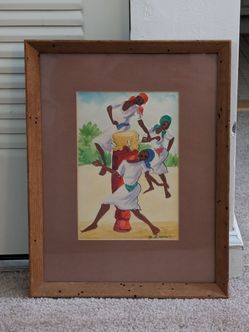 Vintage Original O.M. Casimin Jamaican 12¾"x16¼" Folk Art Watercolor Painting Is