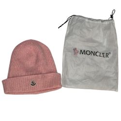 Moncler Authentic Wool Ribbed Knit Logo Beanie Hat in Pink with Original Dust Bag