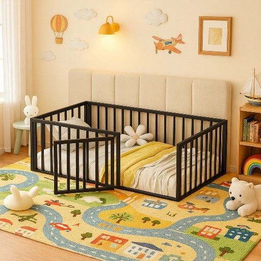 Twin Bed Floor Bed with Fence and Door, Kids Montessori Floor Bed Without Slats, Cute Montessori Bed for Kids, Girls, Boys, Wodd Floor