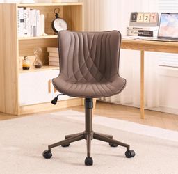YOUTASTE Armless Office Desk Chair with Wheels, Adjustable Swivel Vanity Chair, PU Leather Upholstered, Ergonomic Back Support, Modern All Brown Compu