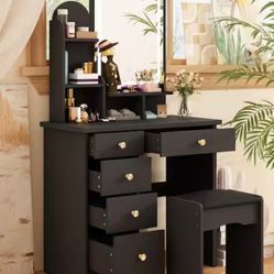Vanity Desk, Vanity Table Set with LED Lighted Mirror, Makeup Vanity Dressing Table with 5 Drawers, Storage Shelves and Cushioned Stool, Black