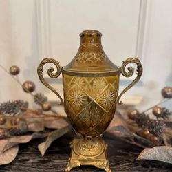 Neoclassical Amber Etched Glass Brass Covered Vase