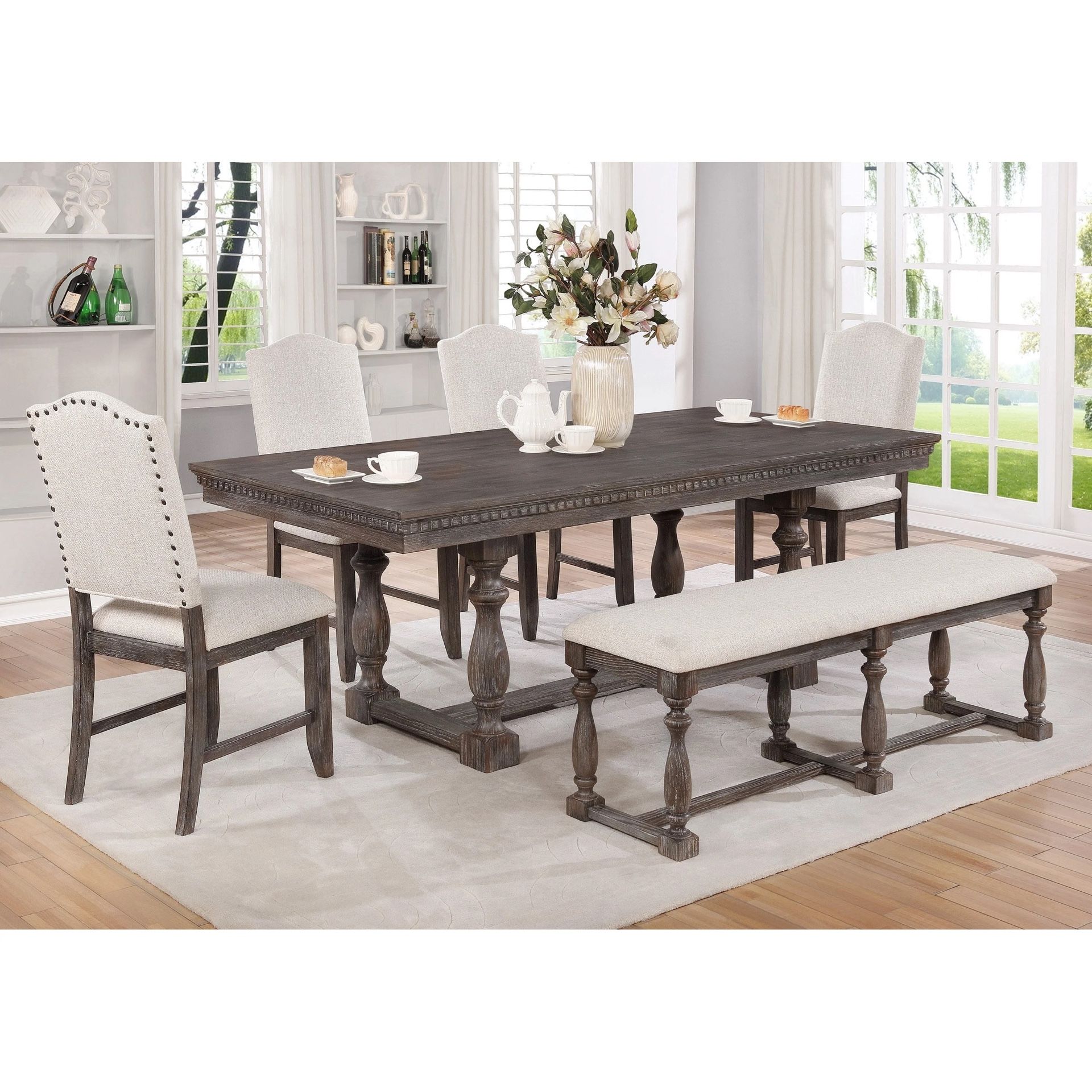 RUSTIC BROWN GRAY FINISH PIECE DINING TABLE SET