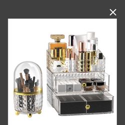 Makeup Organizer With Brush Holder,Cosmetics Display Case With Drawers,Stackable Cosmetics Organizer Storage Box (White)