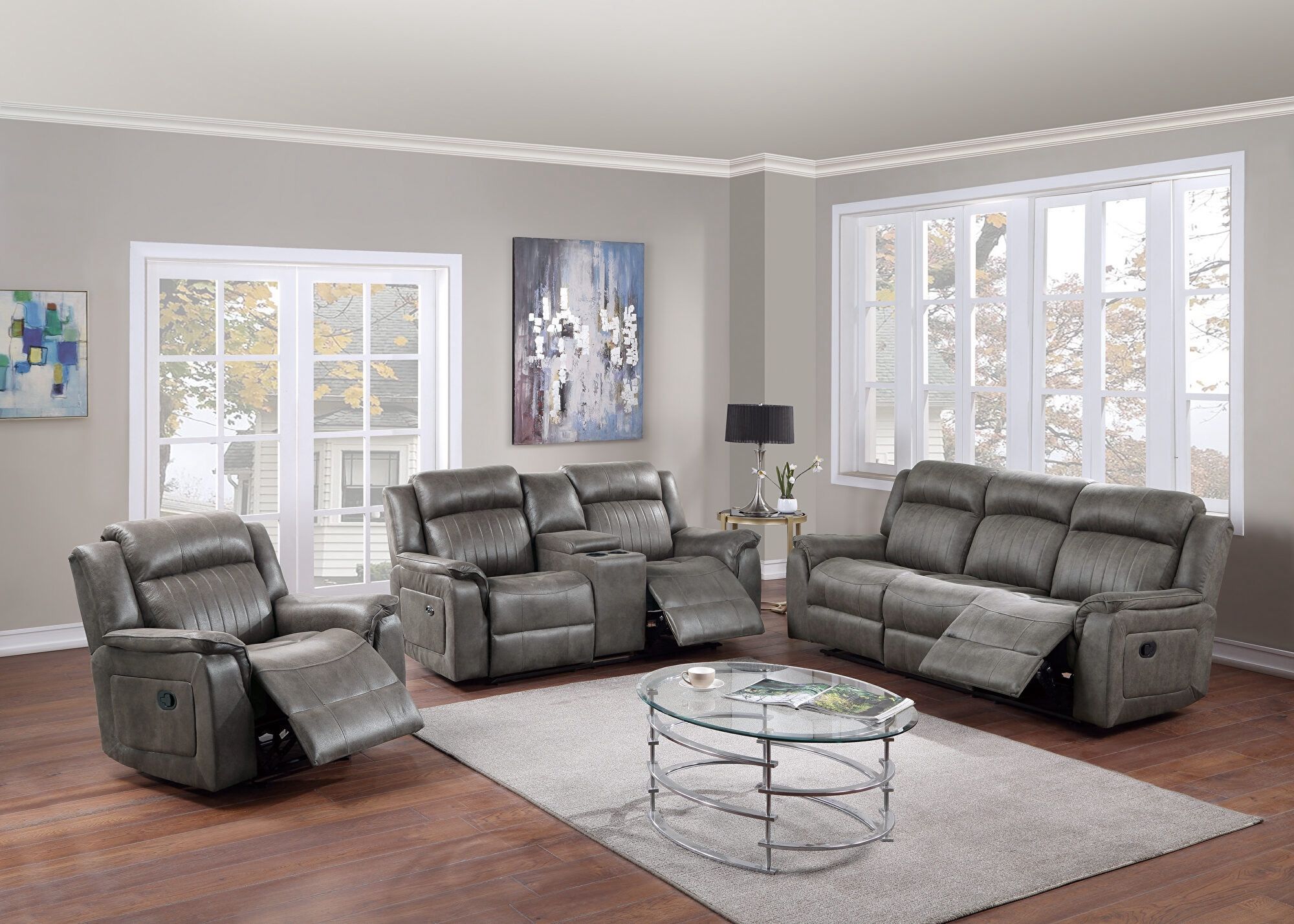 Gray Sofa Set With Manual Recliner And Console